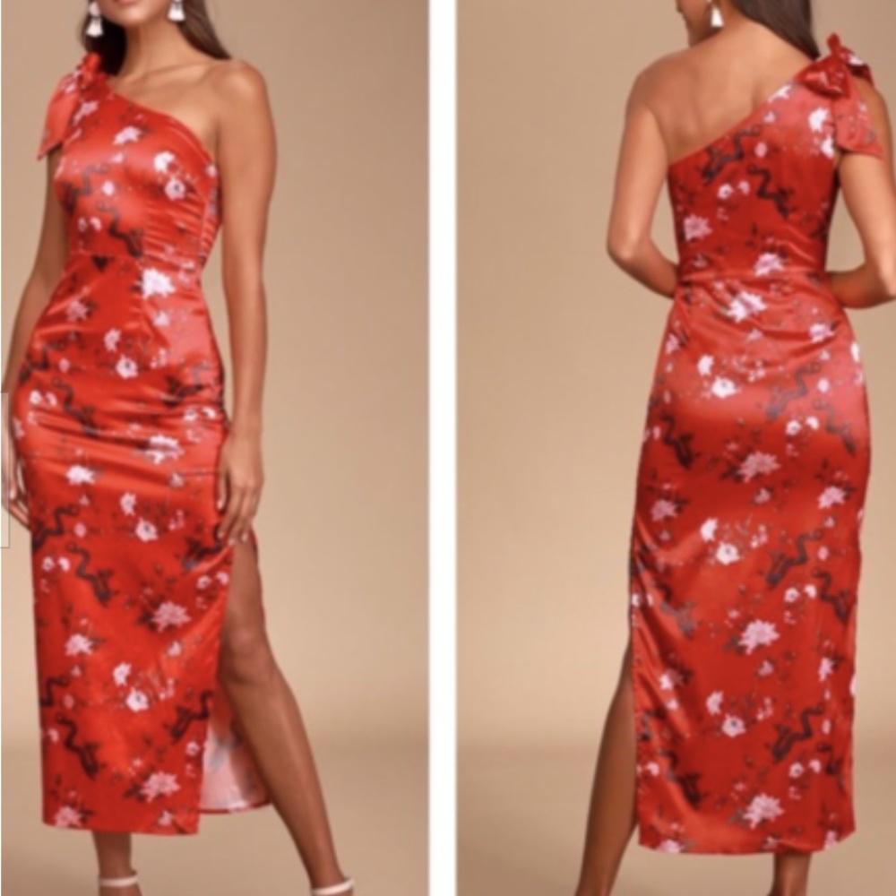 👉Stunning “Charlie Holiday” Red Dragon Print Satin Dress